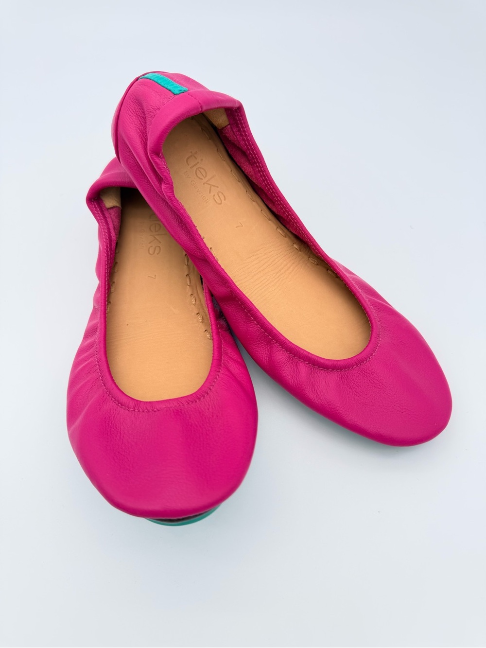 Tieks Pink Leather Ballet Flats with Teal Heel Tab Size 7